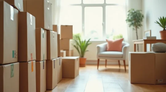 Vue photographique d'un environnement de déménagement collaboratif avec cartons étiquetés et organisation professionnelle