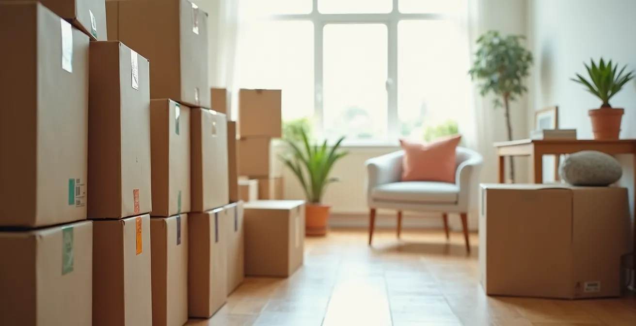 Vue photographique d'un environnement de déménagement collaboratif avec cartons étiquetés et organisation professionnelle