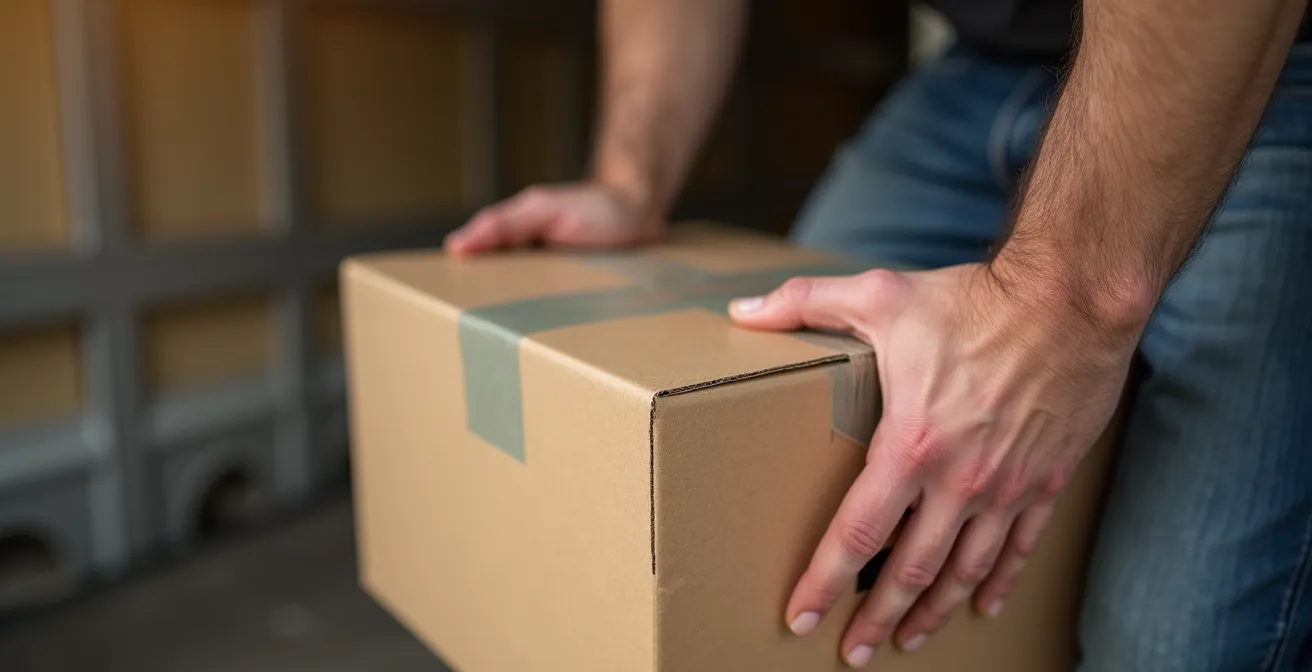 Gros plan sur les mains d'un professionnel manipulant un carton de déménagement avec technique et précision