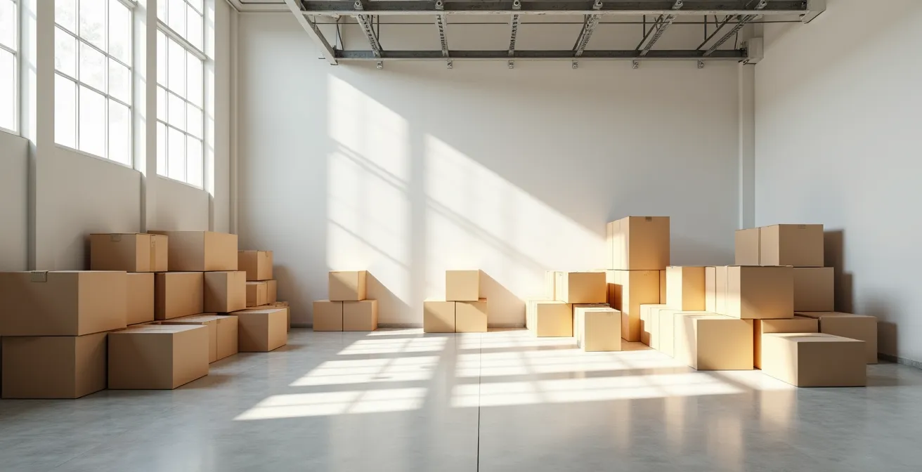 Composition minimaliste évoquant l'optimisation logistique dans un environnement épuré de déménagement