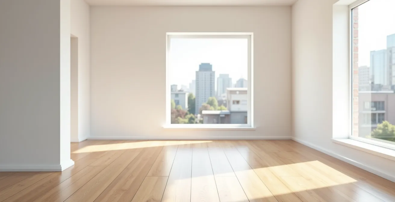 Intérieur épuré d'un appartement vide baigné de lumière naturelle, évoquant le potentiel d'aménagement