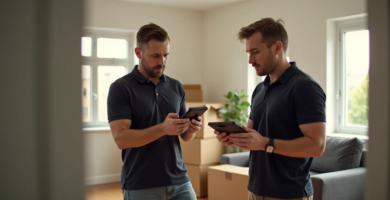 Axe Humain & Émotionnel : Professionnel du déménagement prenant des mesures dans un salon