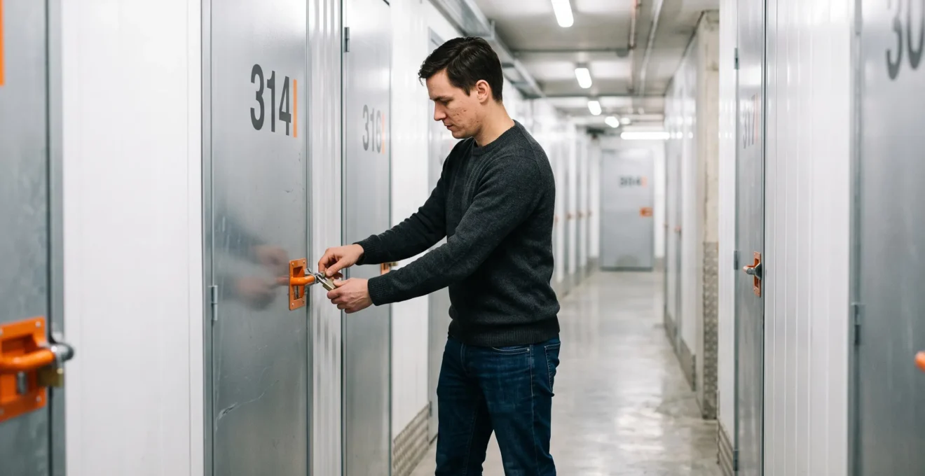 Personne déverrouillant la porte d'un box de stockage dans le couloir d'un centre de self-stockage intérieur