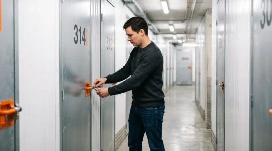 Personne déverrouillant la porte d'un box de stockage dans le couloir d'un centre de self-stockage intérieur