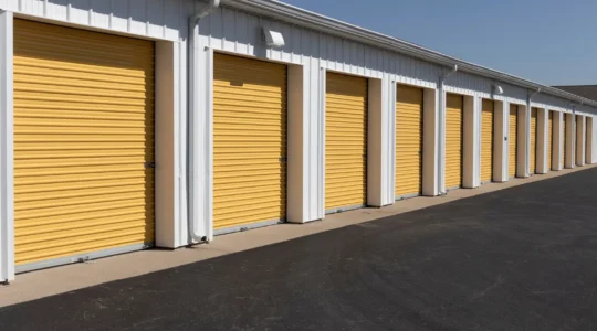 Personne déverrouillant la porte d'un box de stockage dans le couloir d'un centre de self-stockage intérieur