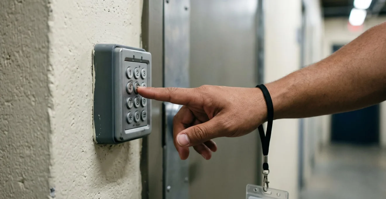 Main saisissant un code d'accès sur un clavier de sécurité à l'entrée d'un centre de stockage