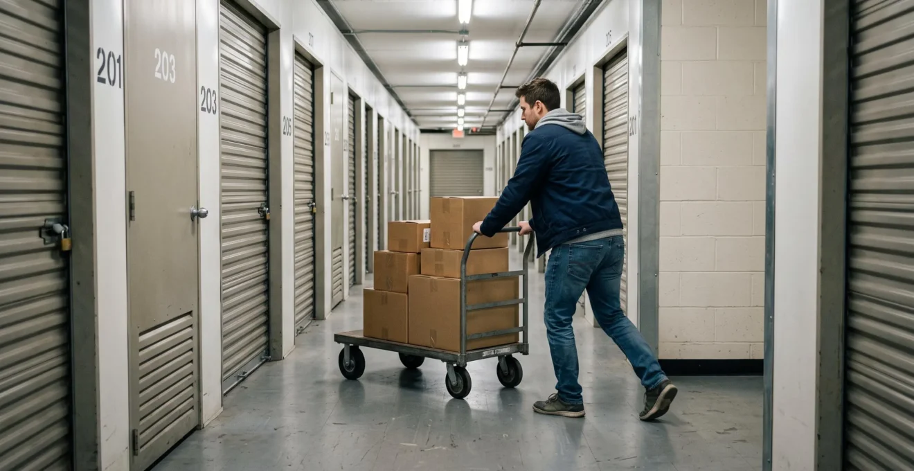Personne poussant un chariot chargé de cartons dans le couloir d'un centre de self-stockage