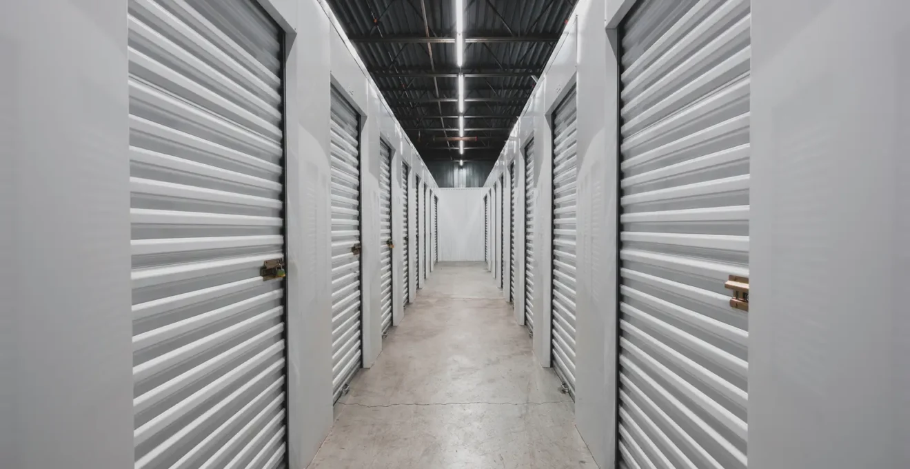 Personne poussant un chariot chargé de cartons dans le couloir d'un centre de self-stockage