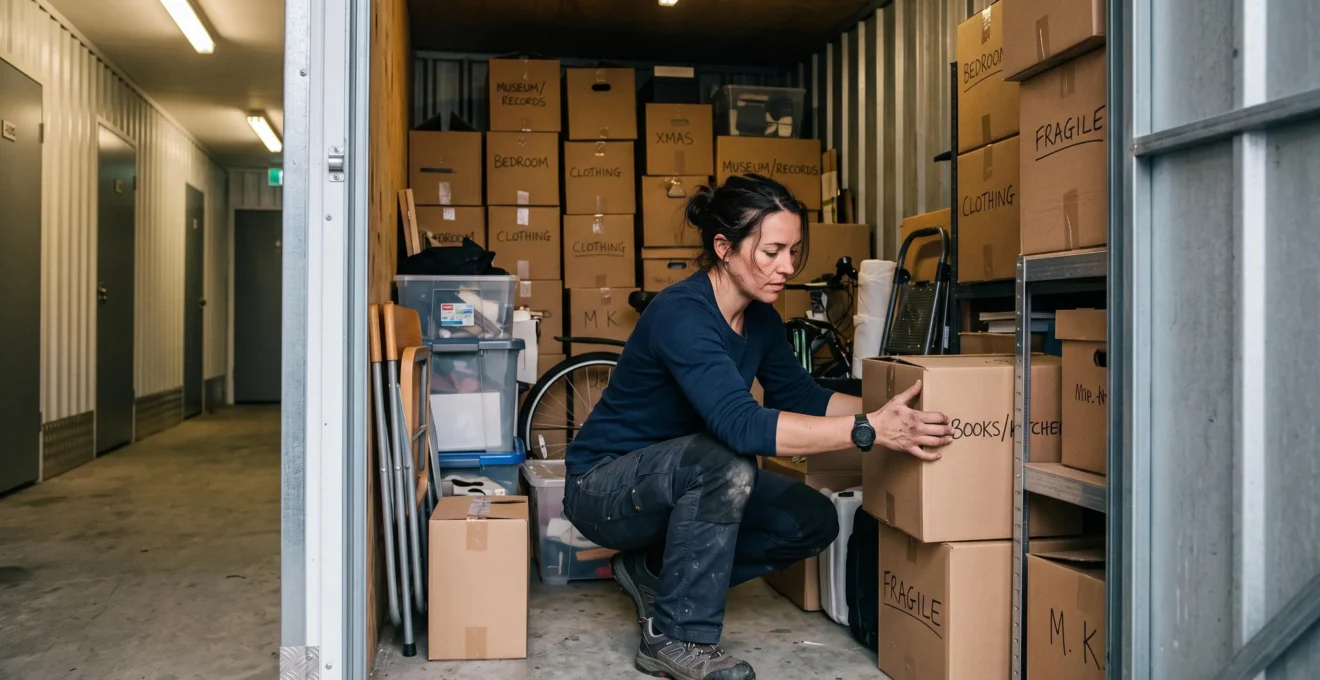 Personne organisant des cartons à l'intérieur d'un box de stockage ouvert